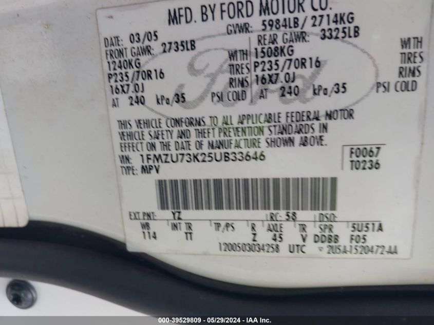 2005 Ford Explorer Xlt/Xlt Sport VIN: 1FMZU73K25UB33646 Lot: 39529809