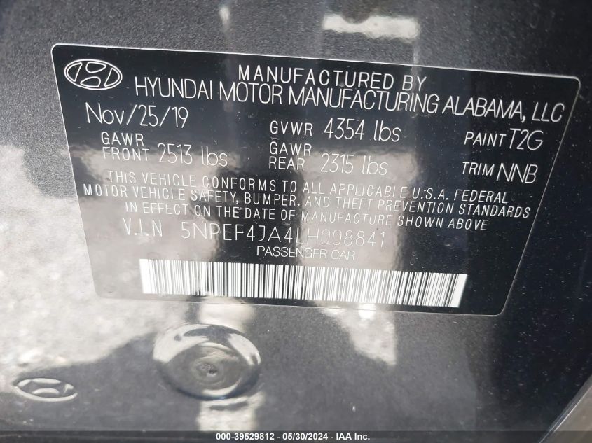 2020 Hyundai Sonata Sel VIN: 5NPEF4JA4LH008841 Lot: 39529812