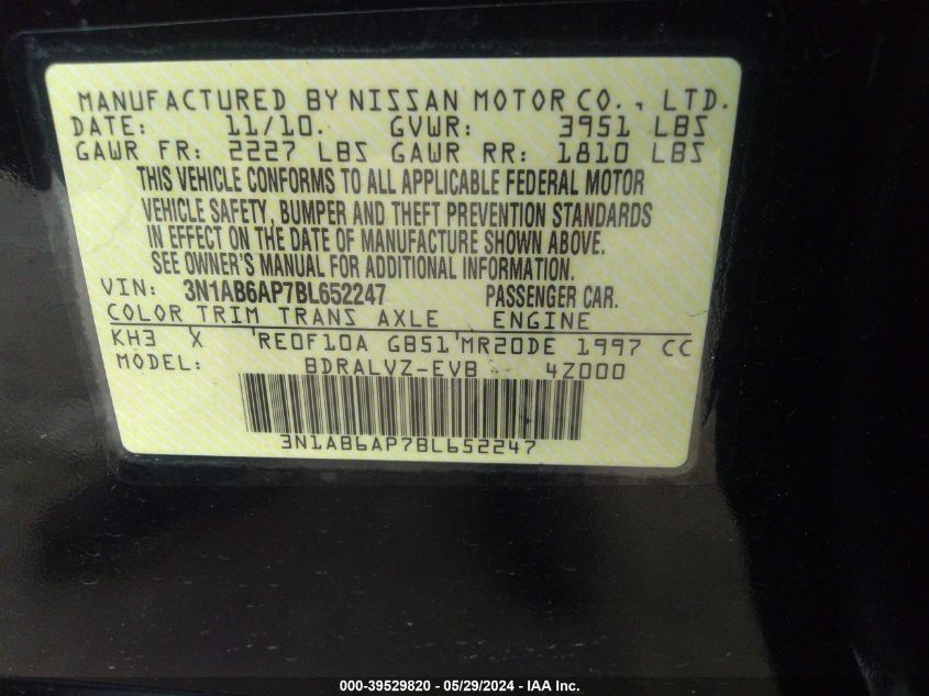 2011 Nissan Sentra 2.0Sl VIN: 3N1AB6AP7BL652247 Lot: 39529820