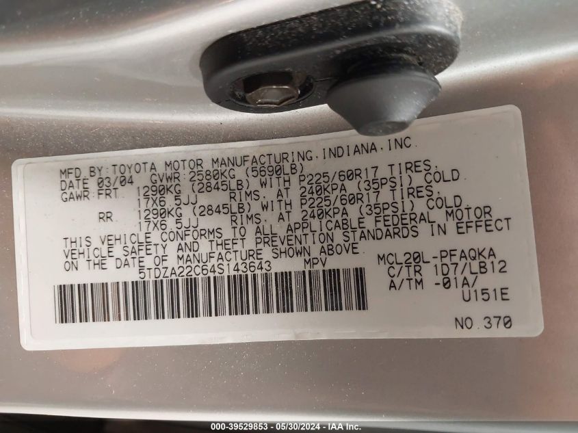 2004 Toyota Sienna Xle VIN: 5TDZA22C64S143643 Lot: 39529853