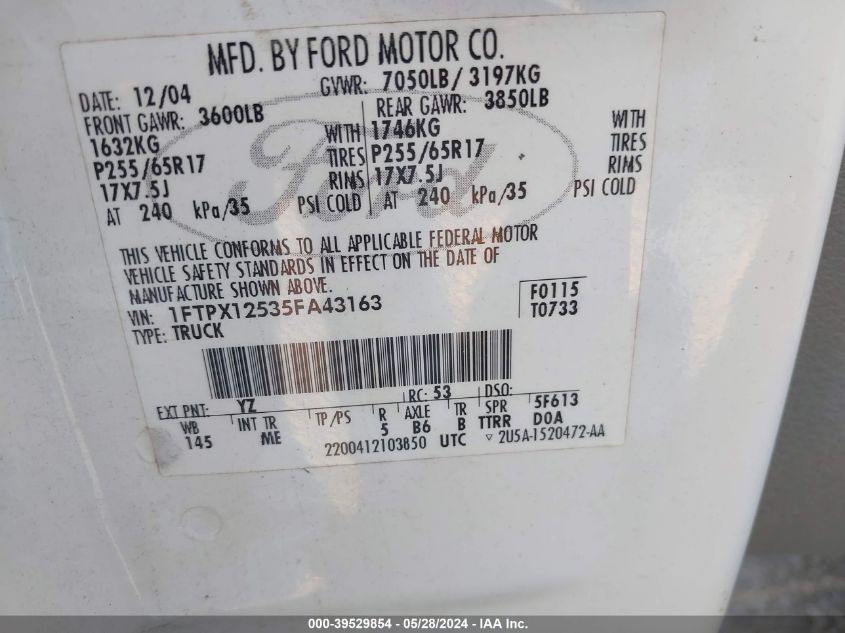 2005 Ford F-150 Lariat/Xl/Xlt VIN: 1FTPX12535FA43163 Lot: 39529854