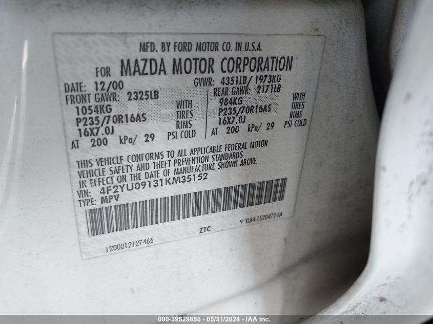 2001 Mazda Tribute Es V6/Lx V6 VIN: 4F2YU09131KM35152 Lot: 39529855