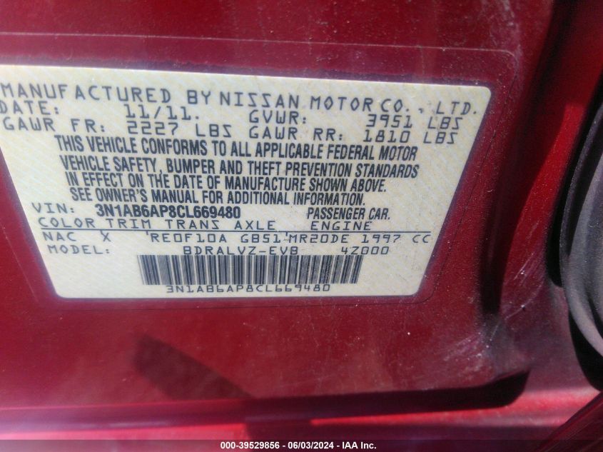 3N1AB6AP8CL669480 2012 Nissan Sentra 2.0 Sl