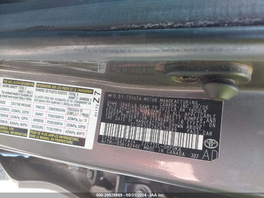 2006 Toyota Matrix VIN: 2T1KR32E76C613689 Lot: 39529869