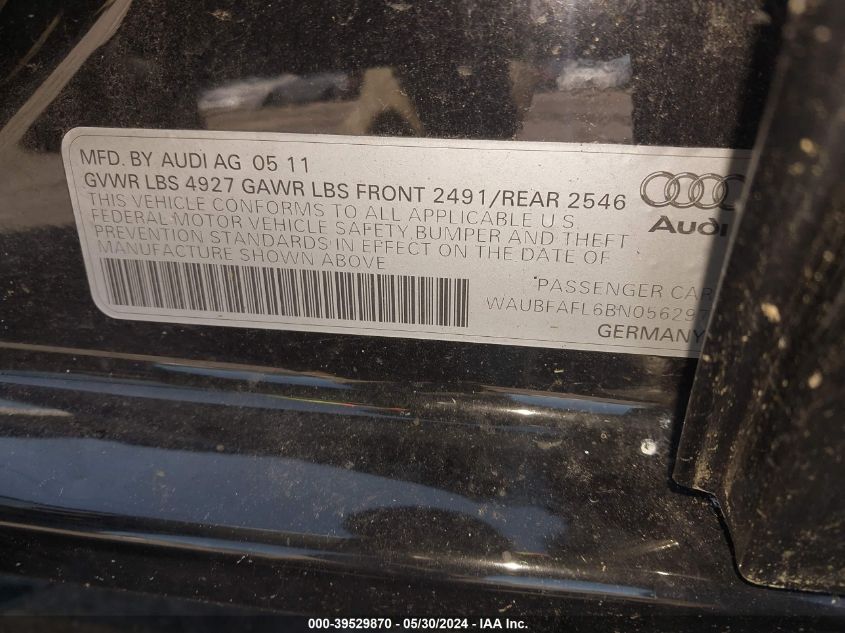 2011 Audi A4 2.0T Premium VIN: WAUBFAFL6BN056297 Lot: 39529870