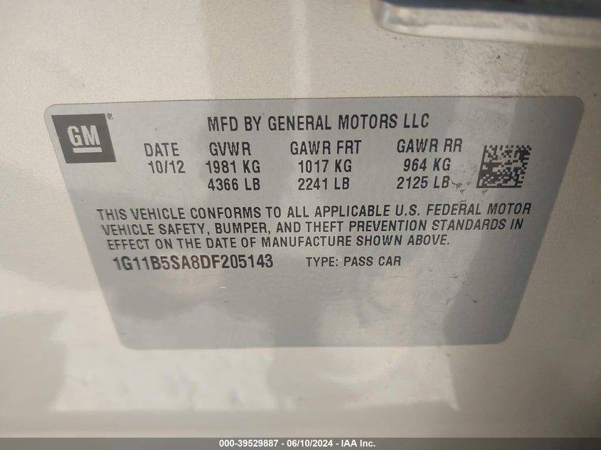 2013 Chevrolet Malibu 1Ls VIN: 1G11B5SA8DF205143 Lot: 39529887