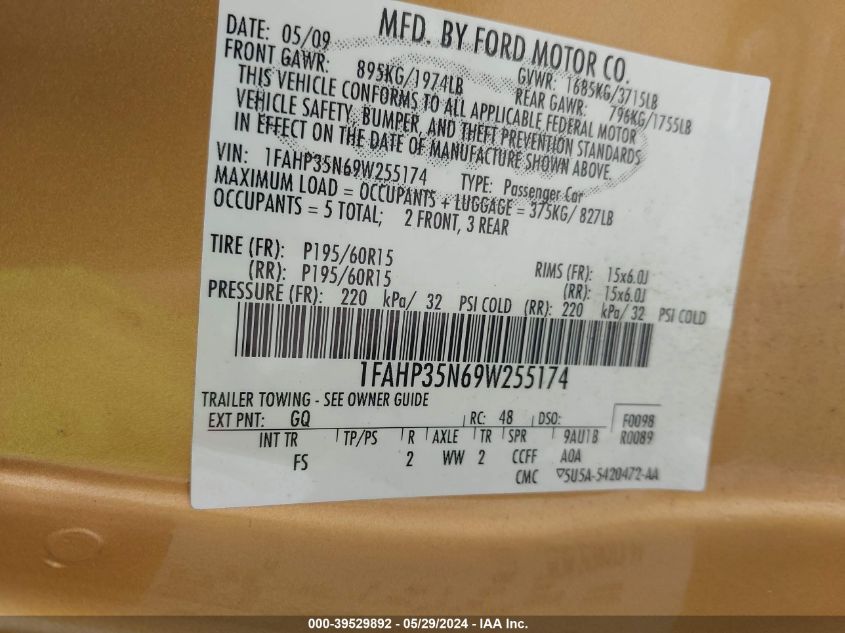 2009 Ford Focus Se VIN: 1FAHP35N69W255174 Lot: 39529892