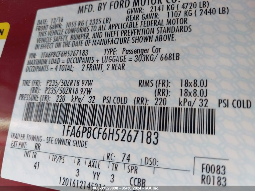 2017 Ford Mustang Gt Premium VIN: 1FA6P8CF6H5267183 Lot: 39529898