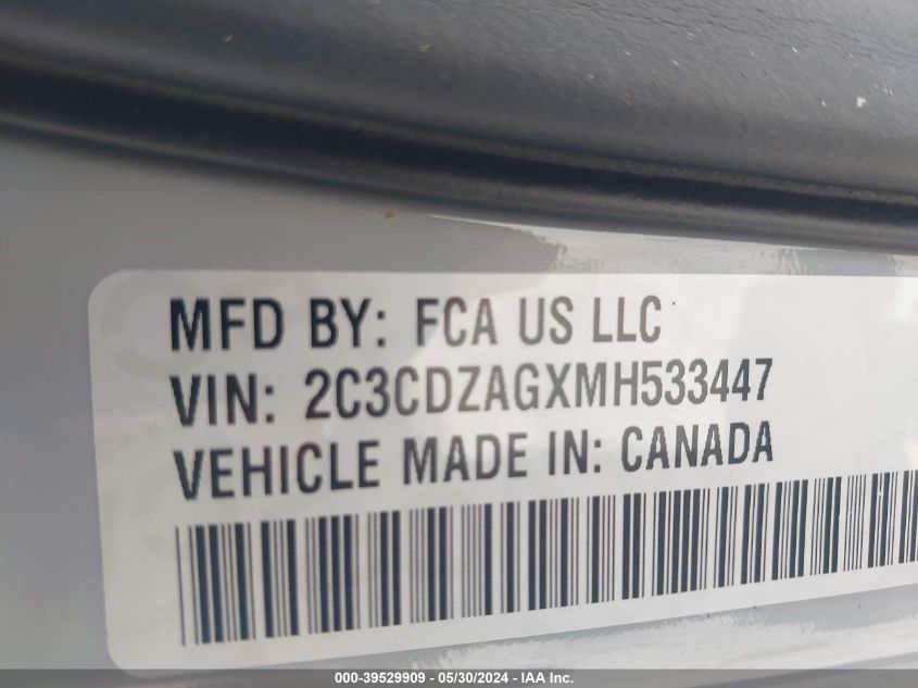 2021 Dodge Challenger Sxt VIN: 2C3CDZAGXMH533447 Lot: 39529909