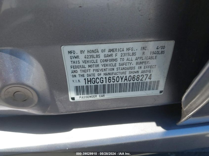 2000 Honda Accord 3.0 Ex VIN: 1HGCG1650YA068274 Lot: 39529910