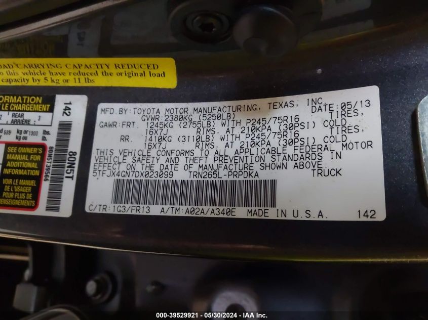 2013 Toyota Tacoma Prerunner VIN: 5TFJX4GN7DX023099 Lot: 39529921