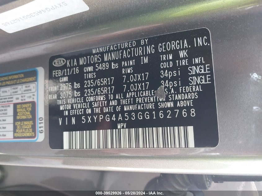 2016 KIA SORENTO 3.3L LX - 5XYPG4A53GG162768