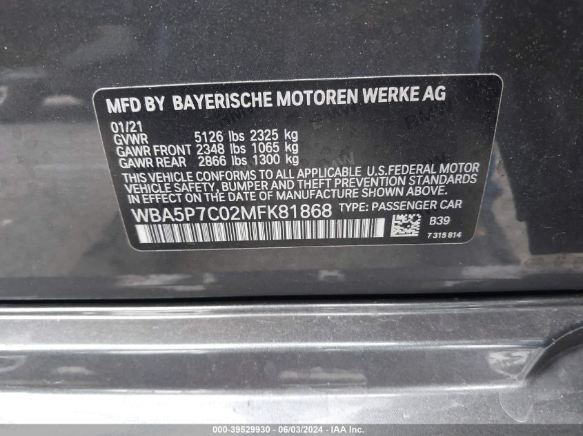 2021 BMW 330E VIN: WBA5P7C02MFK81868 Lot: 39529930