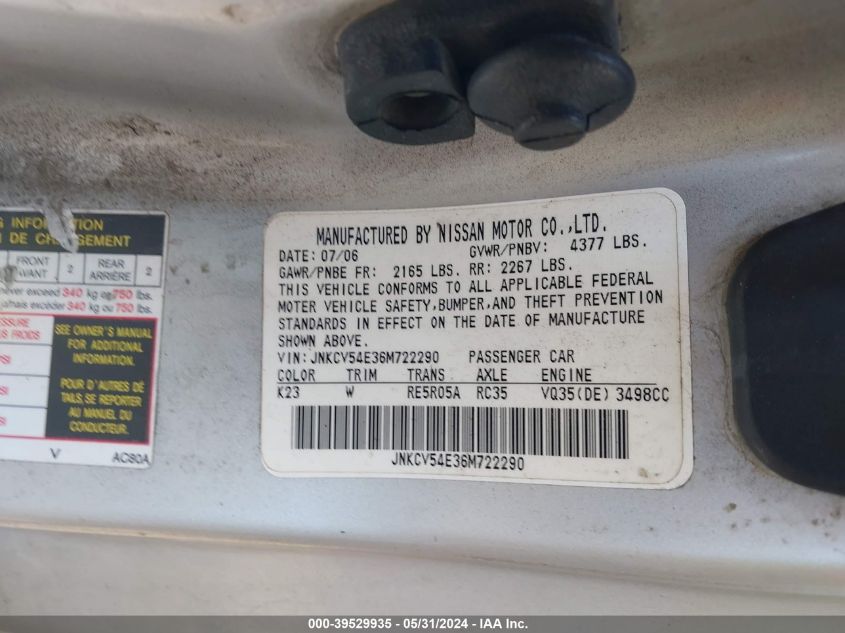 2006 Infiniti G35 VIN: JNKCV54E36M722290 Lot: 39529935