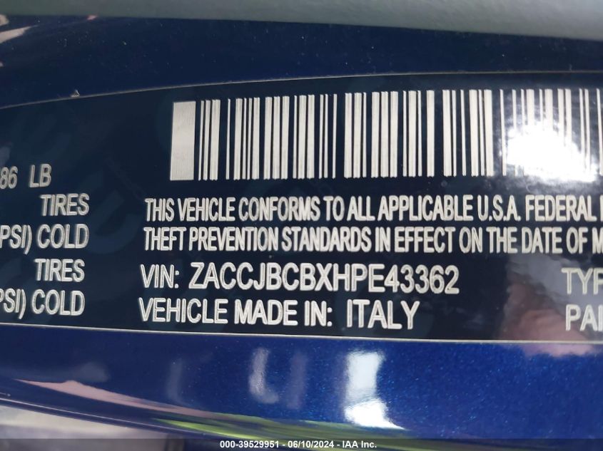 2017 Jeep Renegade Trailhawk 4X4 VIN: ZACCJBCBXHPE43362 Lot: 39529951