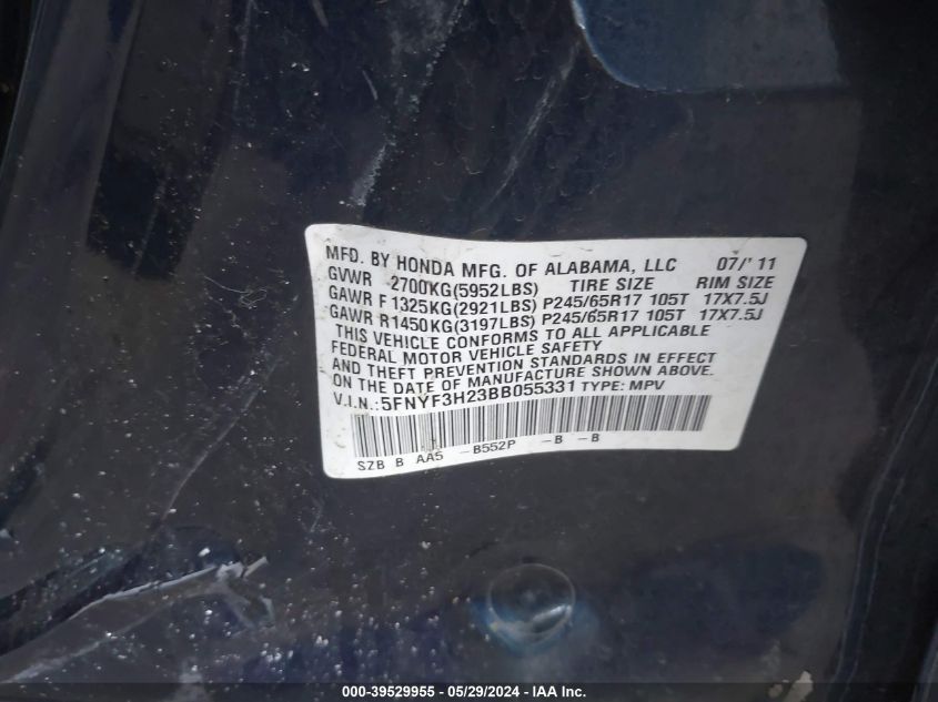 2011 Honda Pilot Lx VIN: 5FNYF3H23BB055331 Lot: 39529955