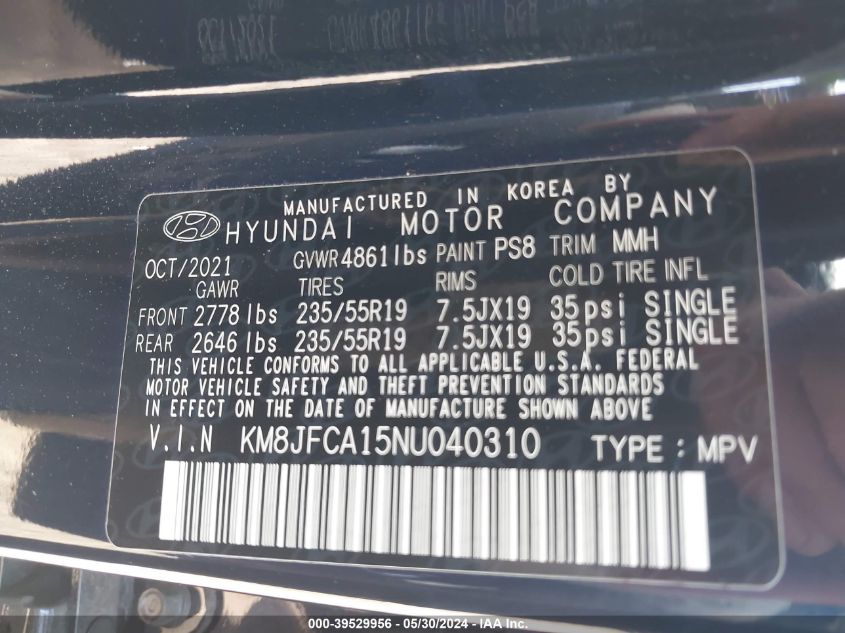 2022 Hyundai Tucson Hybrid Sel Convenience VIN: KM8JFCA15NU040310 Lot: 39529956