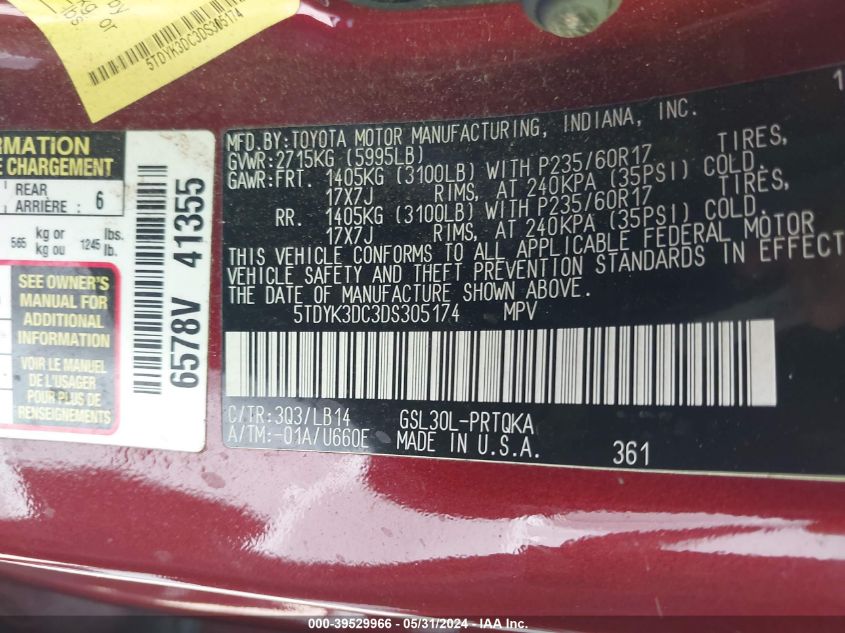 2013 Toyota Sienna Xle/Limited VIN: 5TDYK3DC3DS305174 Lot: 39529966