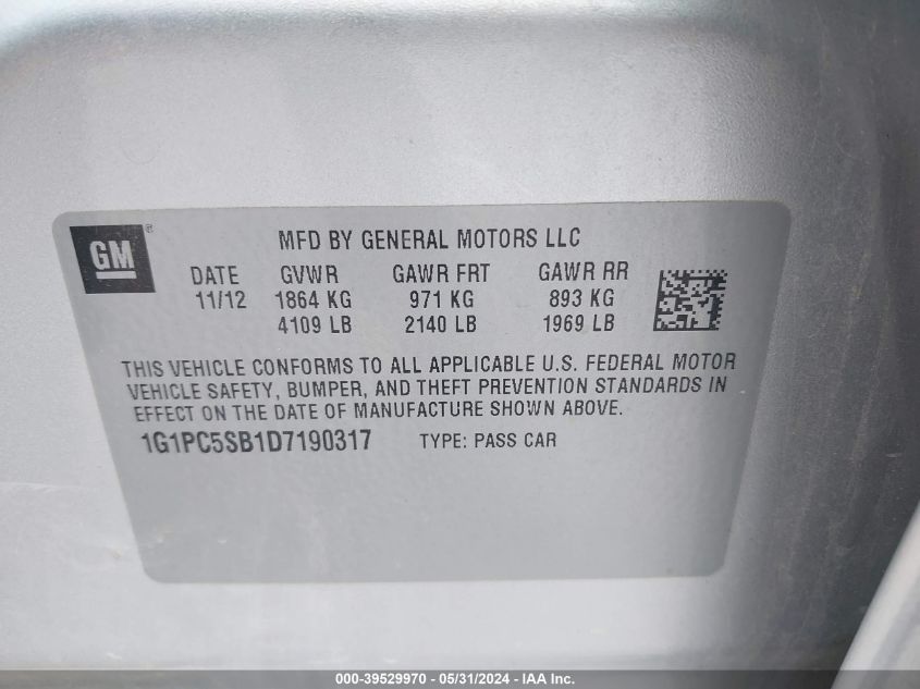 2013 Chevrolet Cruze 1Lt Auto VIN: 1G1PC5SB1D7190317 Lot: 39529970