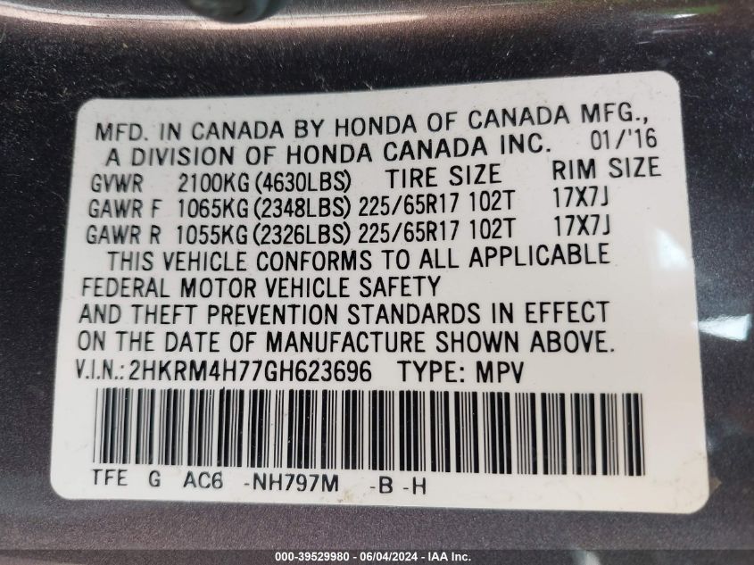 2HKRM4H77GH623696 2016 Honda Cr-V Ex-L