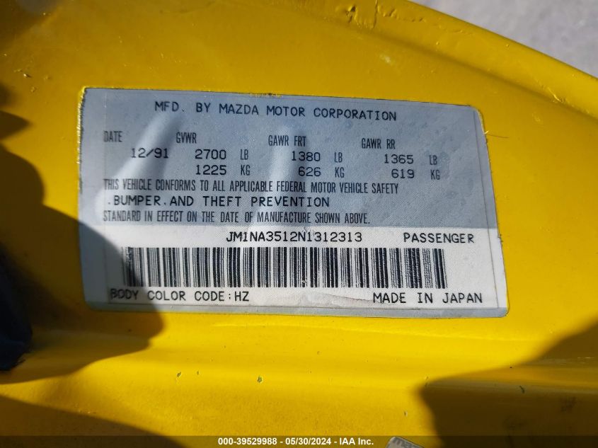 1992 Mazda Mx-5 Miata VIN: JM1NA3512N1312313 Lot: 39529988