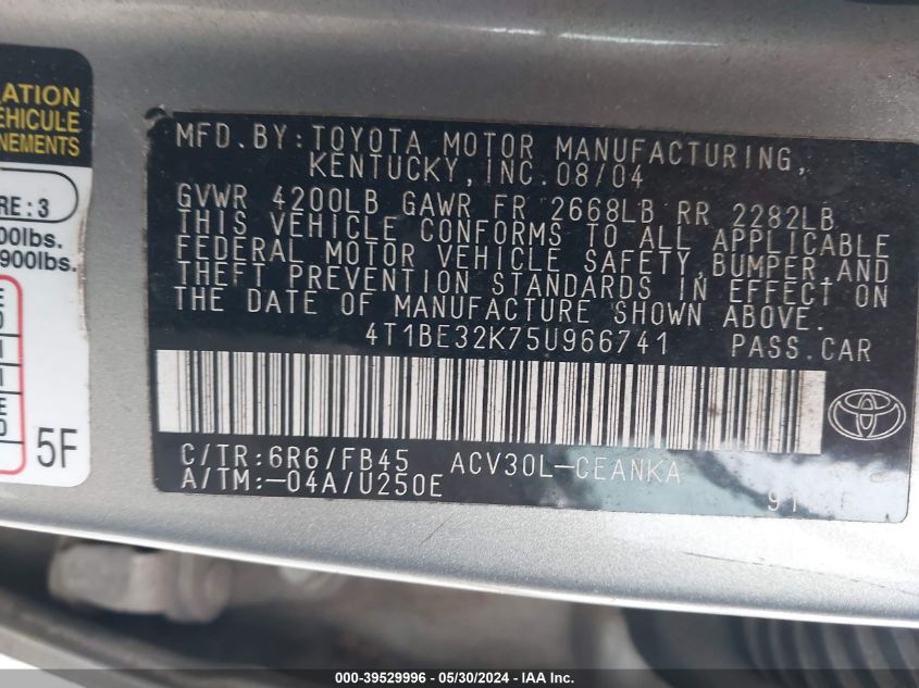 2005 Toyota Camry Le VIN: 4T1BE32K75U966741 Lot: 39529996