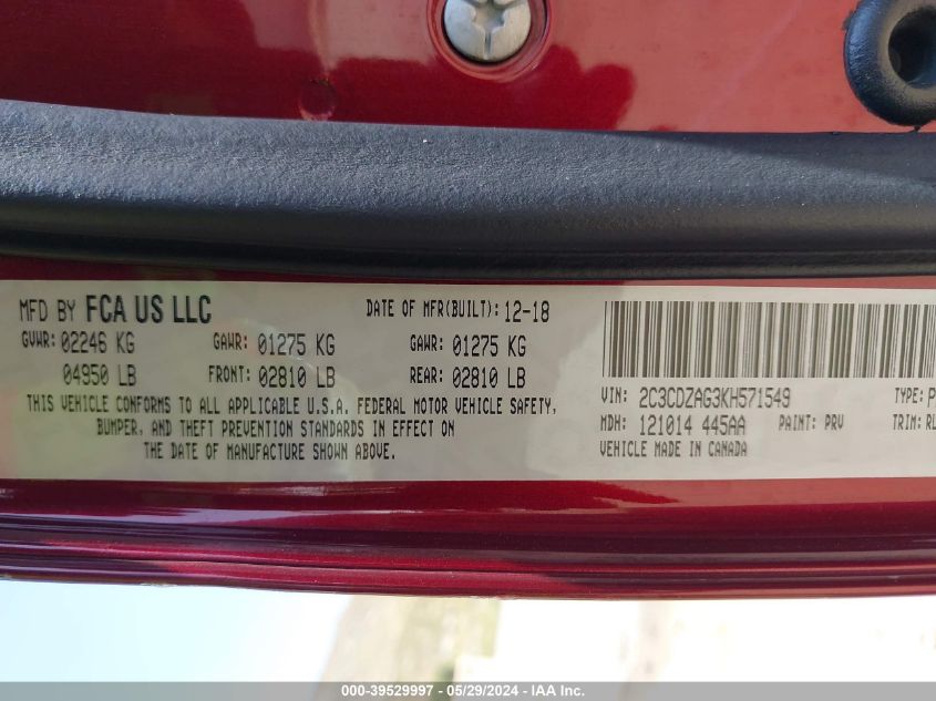 2019 Dodge Challenger Sxt VIN: 2C3CDZAG3KH571549 Lot: 39529997