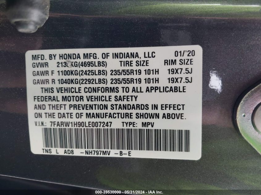 2020 Honda Cr-V 2Wd Touring VIN: 7FARW1H90LE007247 Lot: 39530000
