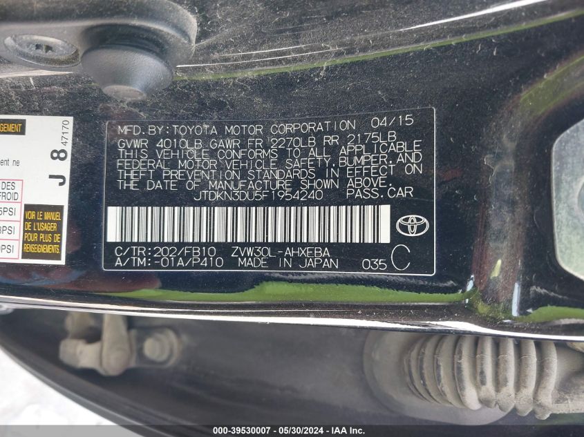 2015 Toyota Prius Two VIN: JTDKN3DU5F1954240 Lot: 39530007