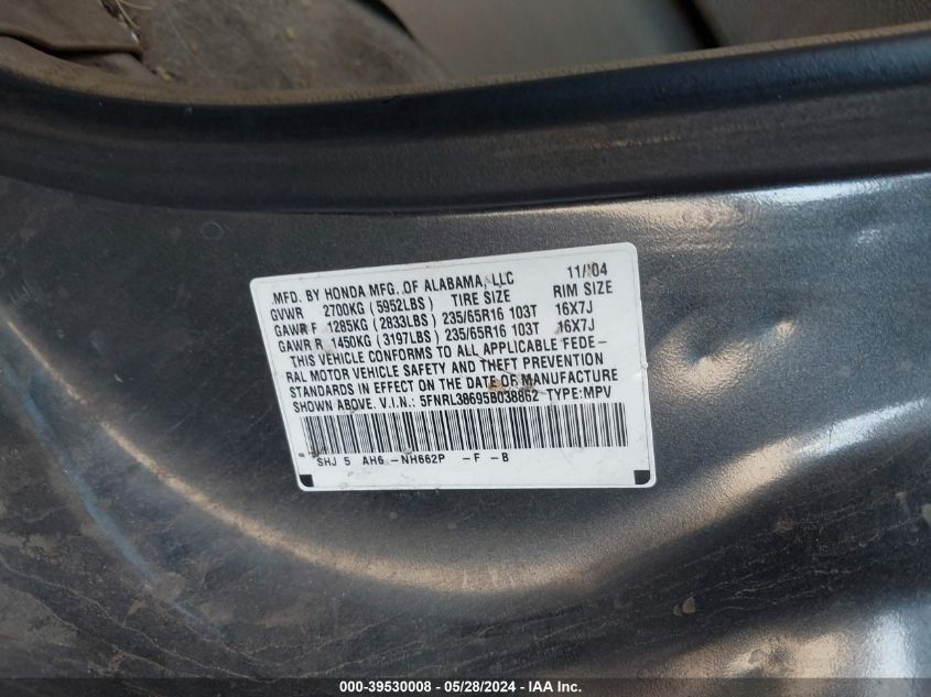 2005 Honda Odyssey Ex-L VIN: 5FNRL38695B038862 Lot: 39530008