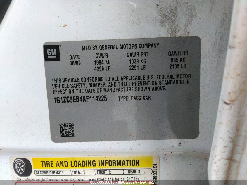 2010 Chevrolet Malibu Lt VIN: 1G1ZC5EB4AF114225 Lot: 39530013