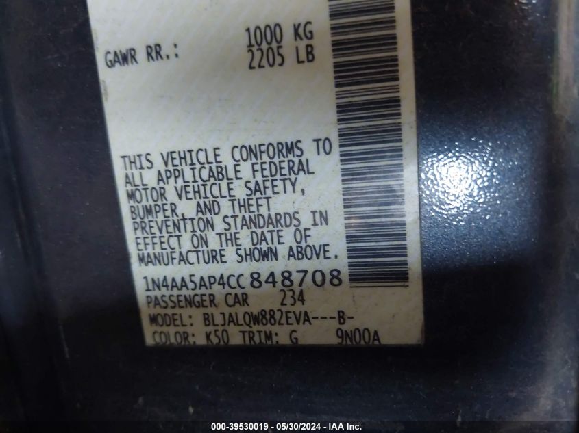 2012 Nissan Maxima 3.5 S VIN: 1N4AA5AP4CC848708 Lot: 39530019