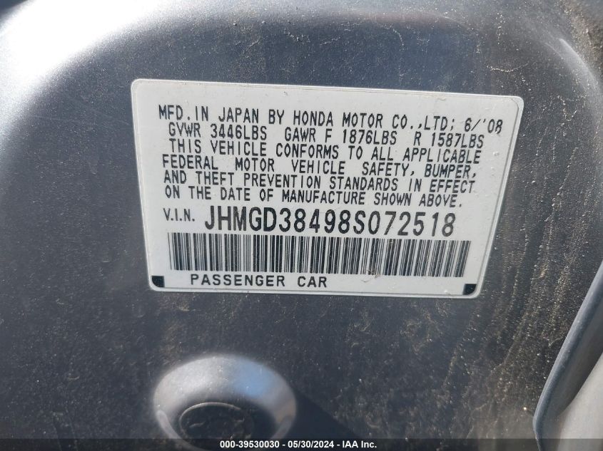 2008 Honda Fit VIN: JHMGD38498S072518 Lot: 39530030