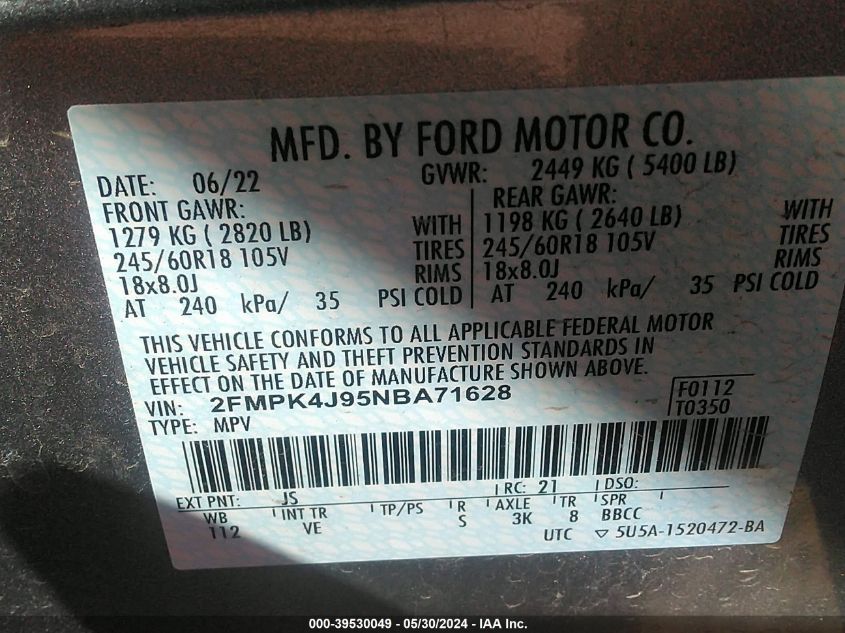 2022 Ford Edge Sel VIN: 2FMPK4J95NBA71628 Lot: 39530049