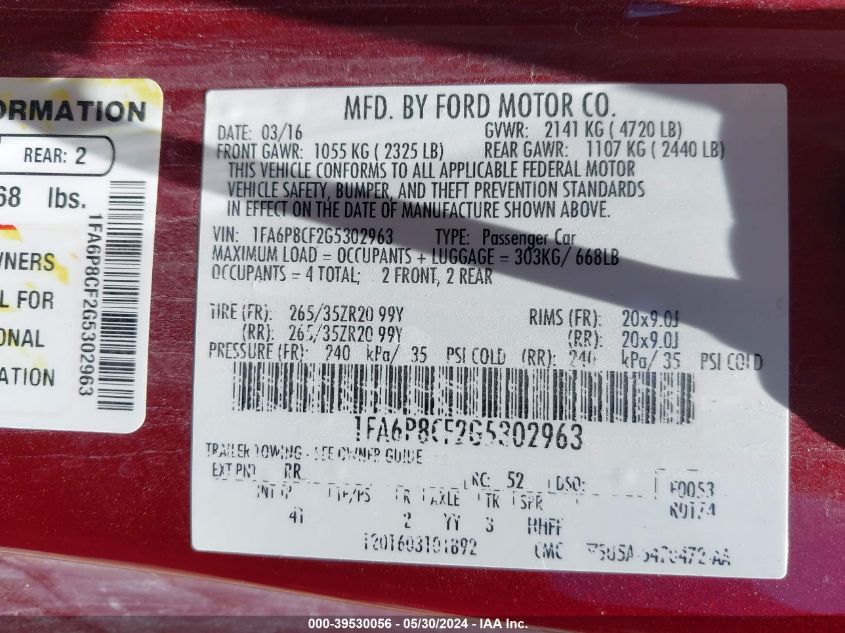 2016 Ford Mustang Gt Premium VIN: 1FA6P8CF2G53029 Lot: 39530056