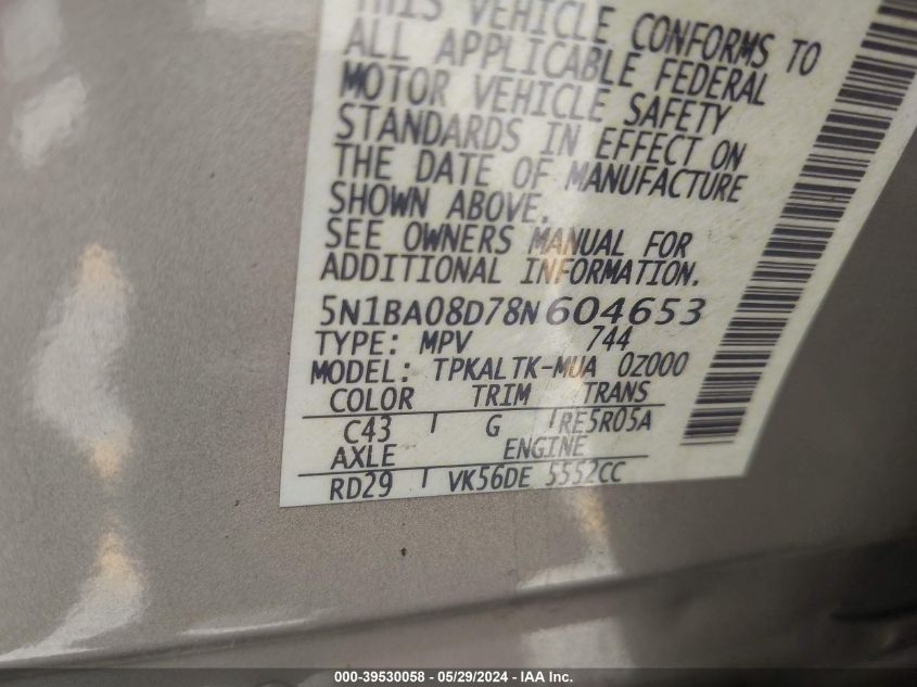 2008 Nissan Armada Se VIN: 5N1BA08D78N604653 Lot: 39530058