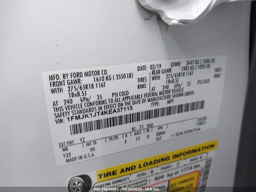 2019 Ford Expedition Max Xlt VIN: 1FMJK1JT4KEA37115 Lot: 39530061