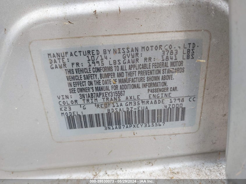 2014 Nissan Sentra Sv VIN: 3N1AB7APXEY315567 Lot: 39530073