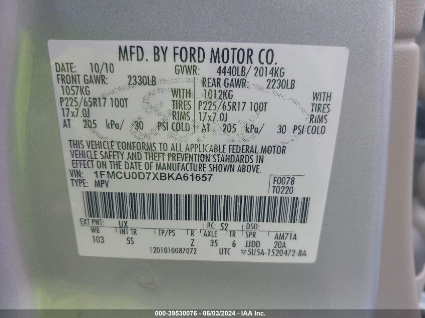 1FMCU0D7XBKA61657 2011 Ford Escape Xlt