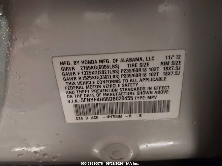 2013 Honda Pilot Ex-L VIN: 5FNYF4H66DB020455 Lot: 39530078