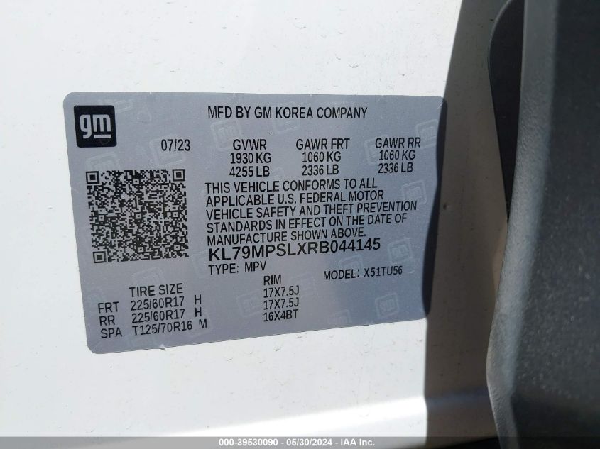 2024 Chevrolet Trailblazer Fwd Lt VIN: KL79MPSLXRB044145 Lot: 39530090