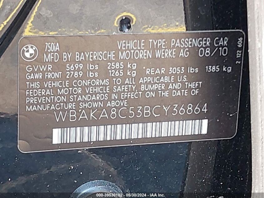 2011 BMW 750I VIN: WBAKA8C53BCY36864 Lot: 39530102