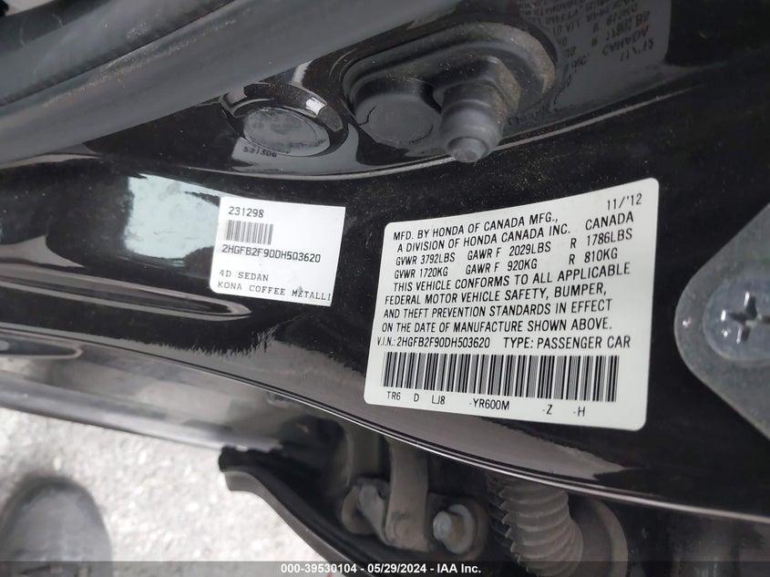 2013 Honda Civic Ex-L VIN: 2HGFB2F90DH503620 Lot: 39530104