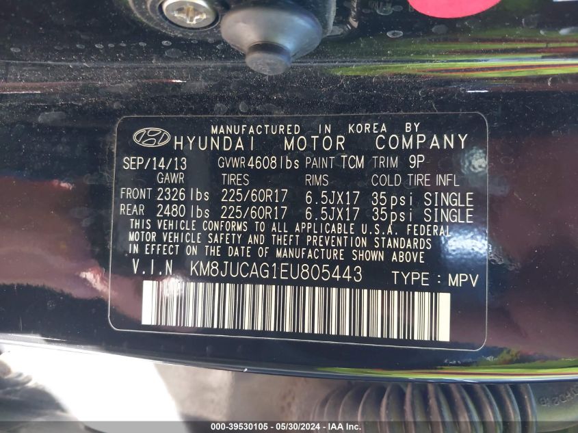 2014 Hyundai Tucson Se VIN: KM8JUCAG1EU805443 Lot: 39530105