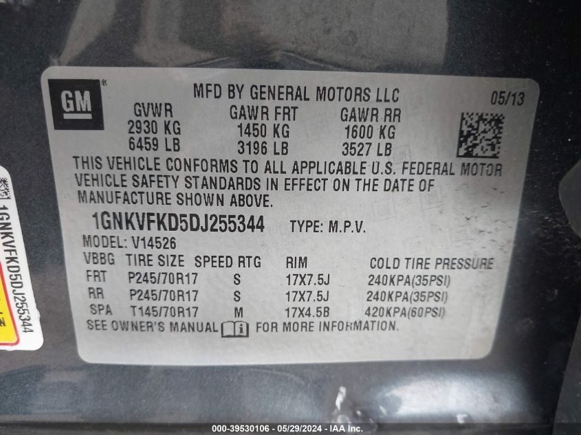 2013 Chevrolet Traverse Ls VIN: 1GNKVFKD5DJ255344 Lot: 39530106