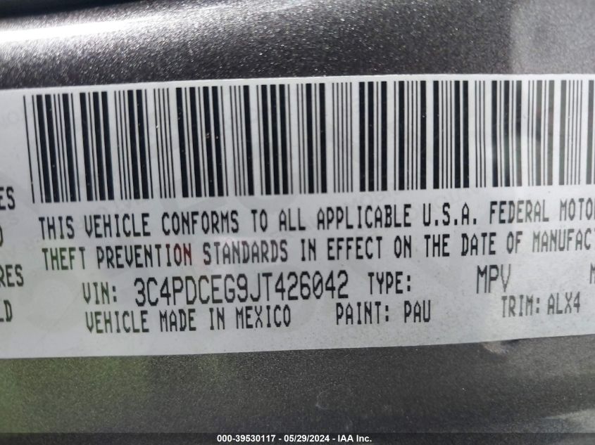 2018 Dodge Journey Gt VIN: 3C4PDCEG9JT426042 Lot: 39530117