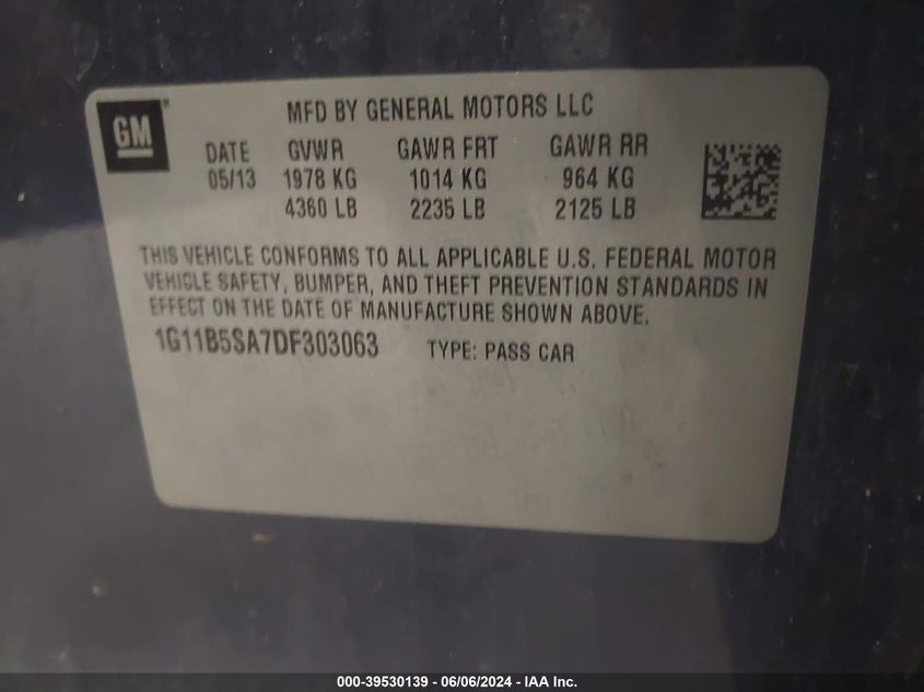 2013 Chevrolet Malibu 1Ls VIN: 1G11B5SA7DF303063 Lot: 39530139