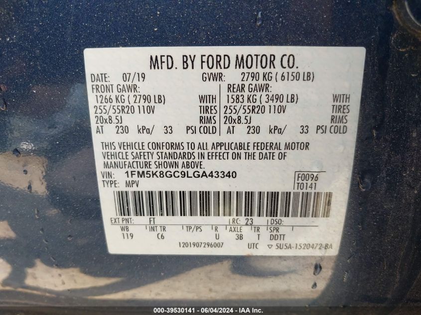 2020 Ford Explorer St VIN: 1FM5K8GC9LGA43340 Lot: 39530141