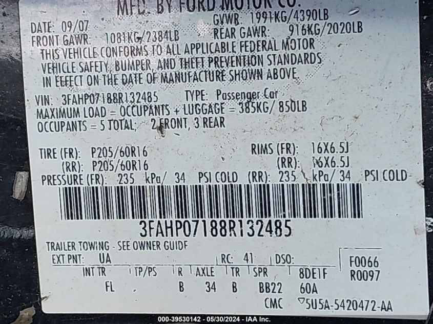 2008 Ford Fusion Se VIN: 3FAHP07188R132485 Lot: 39530142