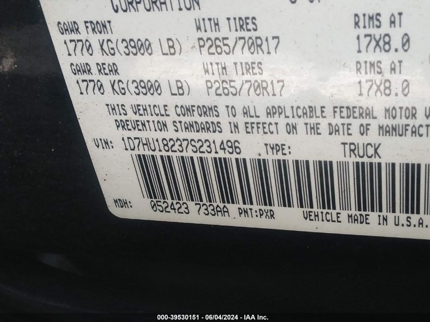 2007 Dodge Ram 1500 Slt/Trx4 Off Road/Sport VIN: 1D7HU18237S231496 Lot: 39530151